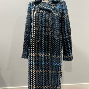 Ann Taylor Plaid Long Coat in Blue and Black